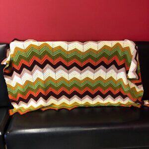 Afghan Blanket Hand Knit Brown Green Cream Orange Large 74" x 39" Vintage MCM